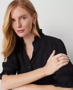 Petite Ruffle Collar Blouse Black 7 Petite Ruffle Collar Blouse Black -Anntaylor Shop 588389 2222 ALT2