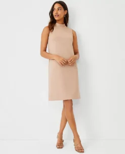 The Petite Mock Neck Shift Dress In Double Knit Natural Camel
