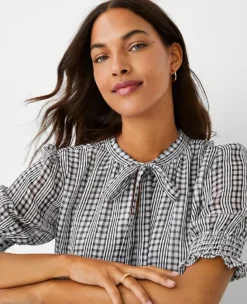 Plaid Tie Neck Puff Sleeve Top 7 Plaid Tie Neck Puff Sleeve Top -Anntaylor Shop 602227 9192 ALT2