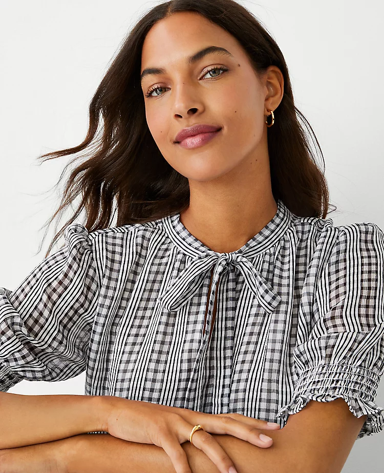 Plaid Tie Neck Puff Sleeve Top 5 Plaid Tie Neck Puff Sleeve Top - Image 3