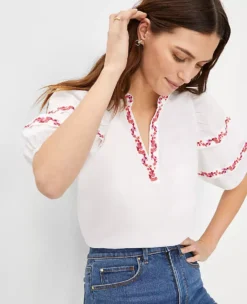 Floral Embroidered Pintucked Sleeve Popover -Anntaylor Shop 602255 9000 ALT2