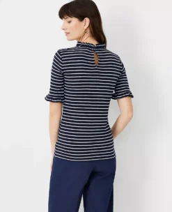 Striped Ruffle Neck Elbow Sleeve Top -Anntaylor Shop 603019 1362 ALT1