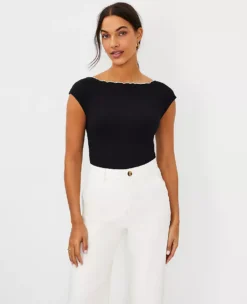 Ribbed Lettuce Hem Boatneck Top