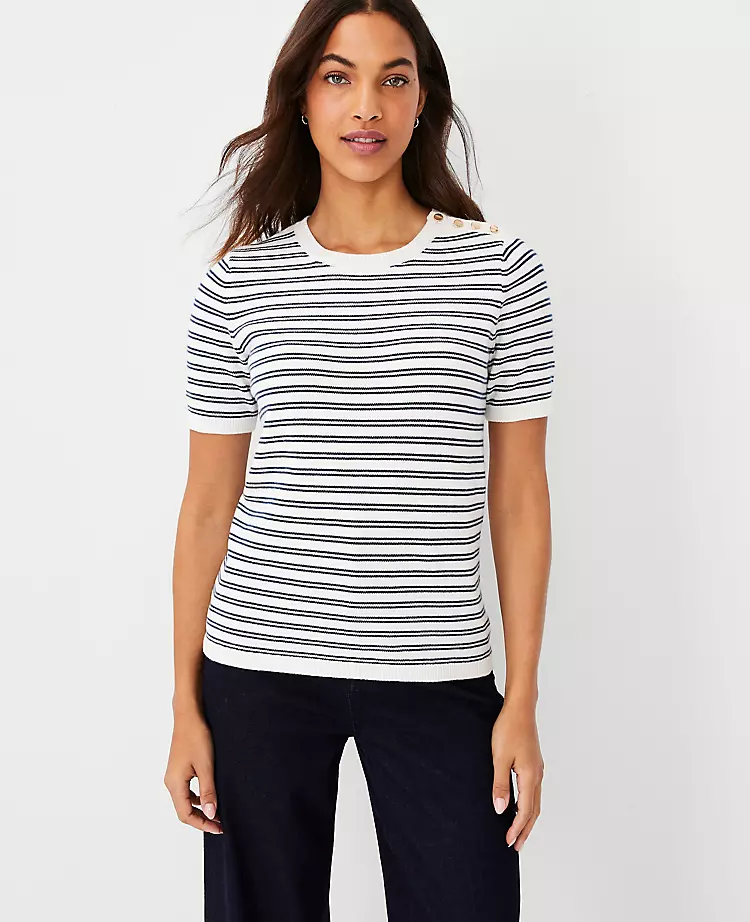 Striped Shoulder Button Sweater Tee 3 Striped Shoulder Button Sweater Tee