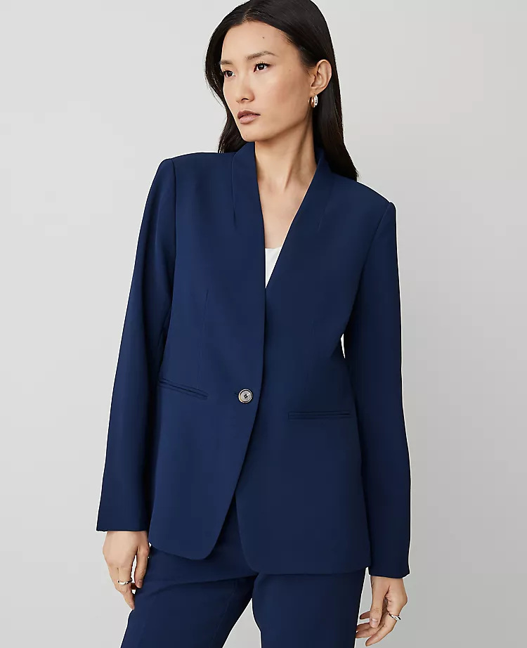 The Long Collarless Blazer In Fluid Crepe Pure Sapphire 3 The Long Collarless Blazer In Fluid Crepe Pure Sapphire