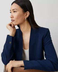 The Long Collarless Blazer In Fluid Crepe Pure Sapphire 7 The Long Collarless Blazer In Fluid Crepe Pure Sapphire -Anntaylor Shop 603689 8818 ALT2