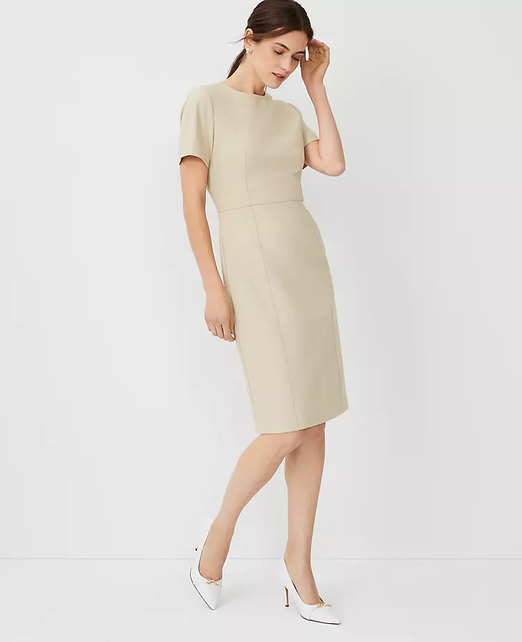 The Short Sleeve Sheath Dress In Bi-Stretch Toasted Oat