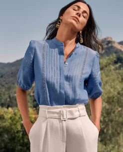 Chambray Pintucked Cutout Top -Anntaylor Shop 604313 9540 MKTG1