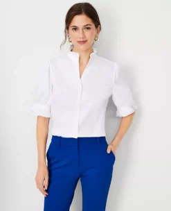 Petite Poplin Ruffle Button Top White