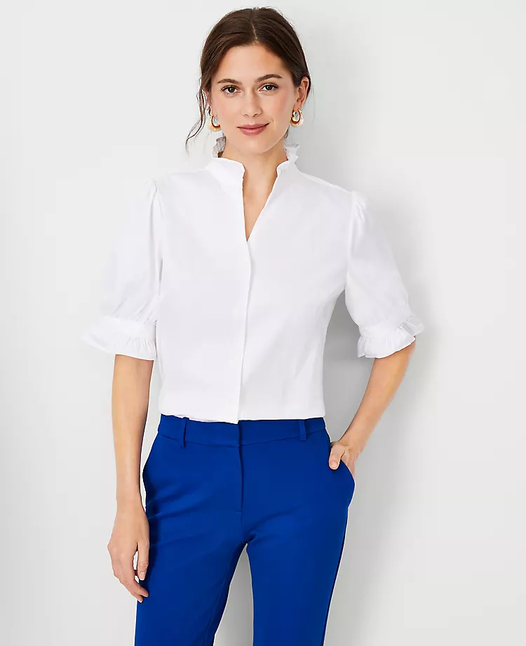 Petite Poplin Ruffle Button Top White 3 Petite Poplin Ruffle Button Top White