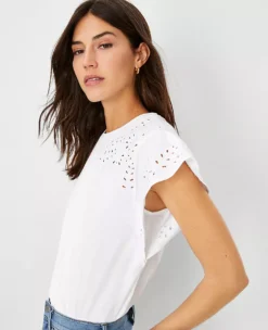 Eyelet Cap Sleeve Tee -Anntaylor Shop 606664 9000 ALT2