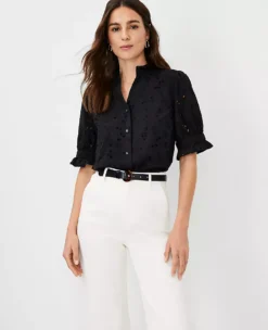 Eyelet Ruffle Button Top -Anntaylor Shop 606765 2222 ALT2