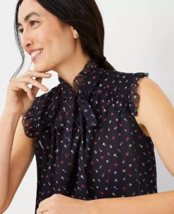 Floral Ruffle Yoke Tie Neck Top