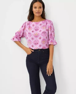 Tile Print Mixed Media Puff Sleeve Ruffle Top