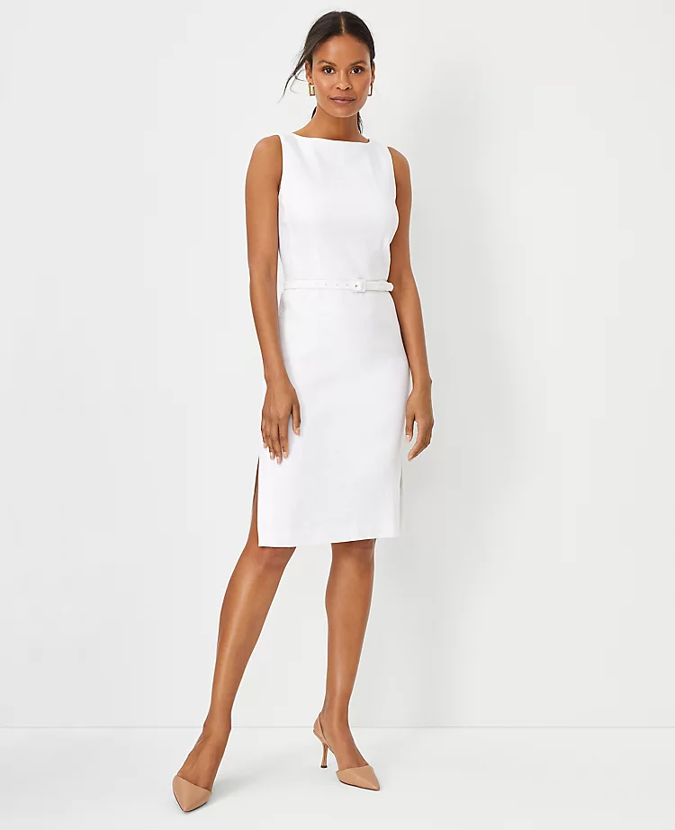 The Belted Boatneck Sheath Dress In Herringbone Linen Blend