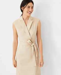 The Notched Collar Tie Waist Dress In Herringbone Linen Blend -Anntaylor Shop 608820 7879 ALT2