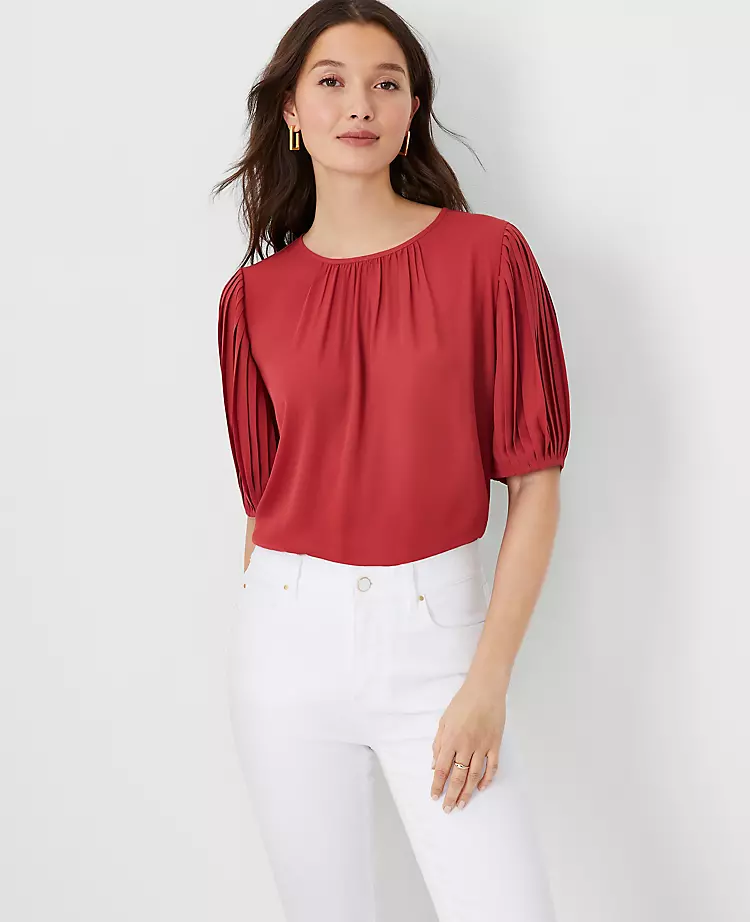 Pleated Elbow Sleeve Mixed Media Top 3 Pleated Elbow Sleeve Mixed Media Top
