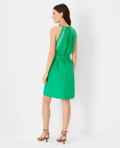 Embroidered Belted Linen Blend Halter Dress 6 Embroidered Belted Linen Blend Halter Dress -Anntaylor Shop 609663 3591 ALT1