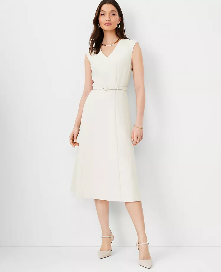 The Petite Belted V-Neck Midi Dress In Fluid Crepe Ivory Whisper 3 The Petite Belted V-Neck Midi Dress In Fluid Crepe Ivory Whisper