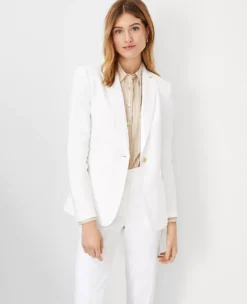 The Petite Long Notched One Button Blazer In Herringbone Linen Blend