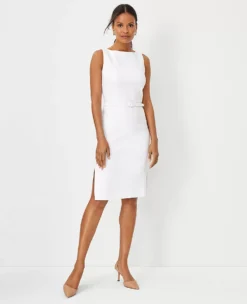 The Petite Belted Boatneck Sheath Dress In Herringbone Linen Blend