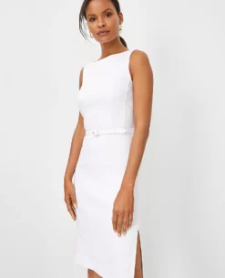 The Petite Belted Boatneck Sheath Dress In Herringbone Linen Blend -Anntaylor Shop 611213 9000 ALT2