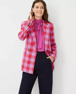 The Petite Double Breasted Long Blazer In Plaid