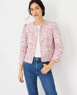 Petite Fringe Tweed Puff Sleeve Jacket