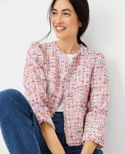 Petite Fringe Tweed Puff Sleeve Jacket -Anntaylor Shop 611391 8581 ALT2
