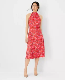 Petite Floral Tie Neck Flare Dress
