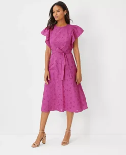 Petite Eyelet Flutter Sleeve Midi Dress