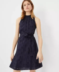 Petite Eyelet Mock Neck Belted Flare Dress -Anntaylor Shop 611475 1362 ALT2