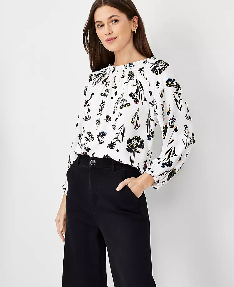 Floral Mixed Media Smocked Boatneck Top 3 Floral Mixed Media Smocked Boatneck Top