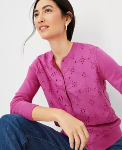 Petite Mixed Media Eyelet Ann Cardigan -Anntaylor Shop 612096 8376 ALT2