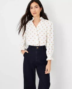 Petite Polka Dot Ruffle Button Top -Anntaylor Shop 612138 9192 ALT2