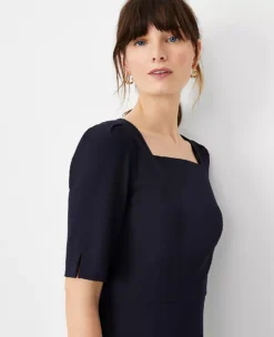 The Elbow Sleeve Square Neck Dress In Seasonless Stretch Deep Navy Sky -Anntaylor Shop 612798 1934 ALT2