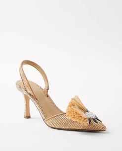 Metallic Straw Embellished Slingback Pumps