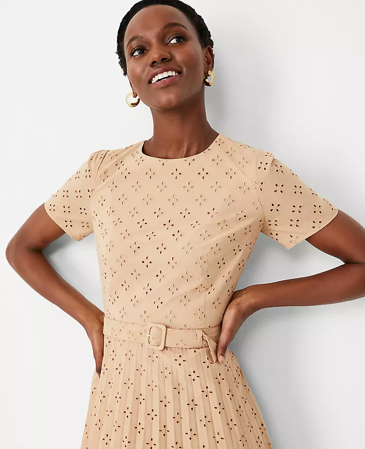 Eyelet Pleated Belted Dress 5 Eyelet Pleated Belted Dress - Image 3