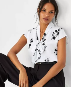 Floral Tie Neck Cap Sleeve Top -Anntaylor Shop 613726 9000 ALT2