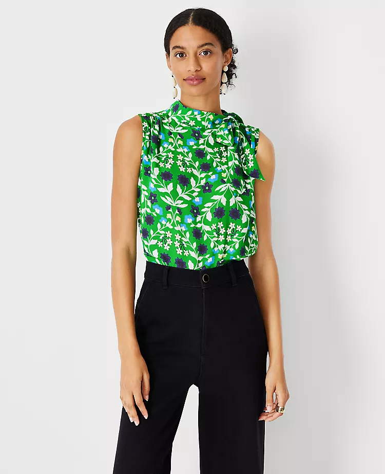 Floral Asymmetrical Tie Neck Mixed Media Shell 3 Floral Asymmetrical Tie Neck Mixed Media Shell