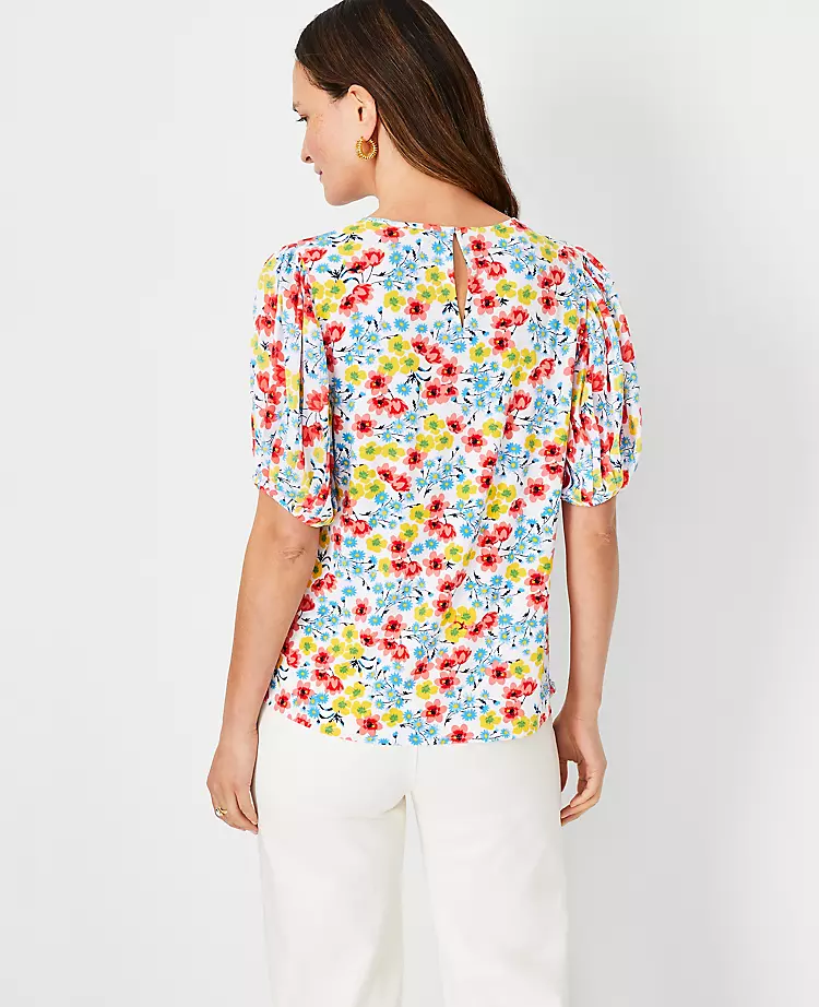 Floral Pleated Elbow Sleeve Mixed Media Top 4 Floral Pleated Elbow Sleeve Mixed Media Top - Image 2