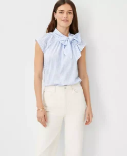 Petite Striped Tie Mock Neck Top