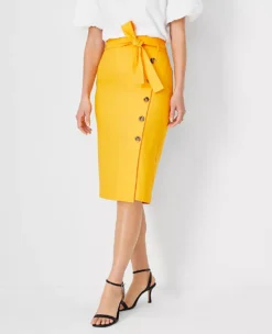 Petite Linen Blend Button Wrap Pencil Skirt