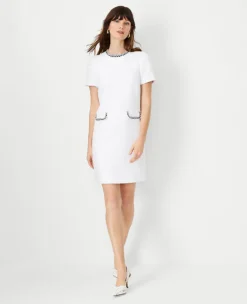 Petite Trimmed Tweed Pocket Shift Dress