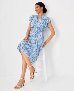 Petite Floral Flutter Sleeve Belted Flare Dress -Anntaylor Shop 614489 018571 ALT2