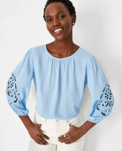 Petite Eyelet Sleeve Mixed Media Top