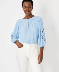 Petite Eyelet Sleeve Mixed Media Top -Anntaylor Shop 614512 018571 ALT2