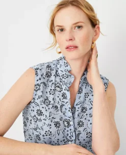 Petite Floral Ruffle Neck Button Top