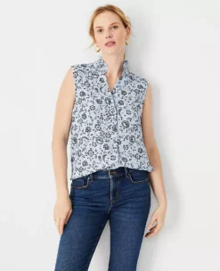 Petite Floral Ruffle Neck Button Top -Anntaylor Shop 614687 018571 ALT2