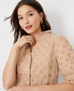 Petite Eyelet Ruffle Button Top -Anntaylor Shop 614770 5824 ALT2